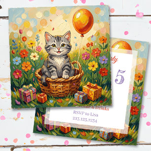 Invitation Chat tigré & Fleurs Fête d'anniversaire de fille