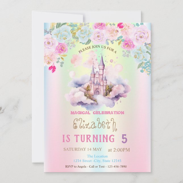 Invitation Château à l'aquarelle Fleurs Iridescentes  Anniver (Devant)
