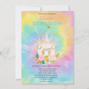 Invitation Château à l'aquarelle Fleurs Tie Dye Anniversaire
