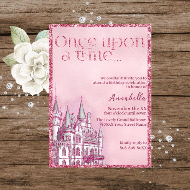 Invitation Château à Paillettes Roses Thème de Conte de Fées (Créateur téléchargé)