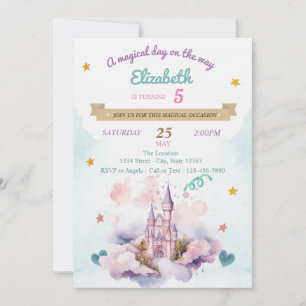 Invitation Château Aquarelle Nuages Étoiles Anniversaire