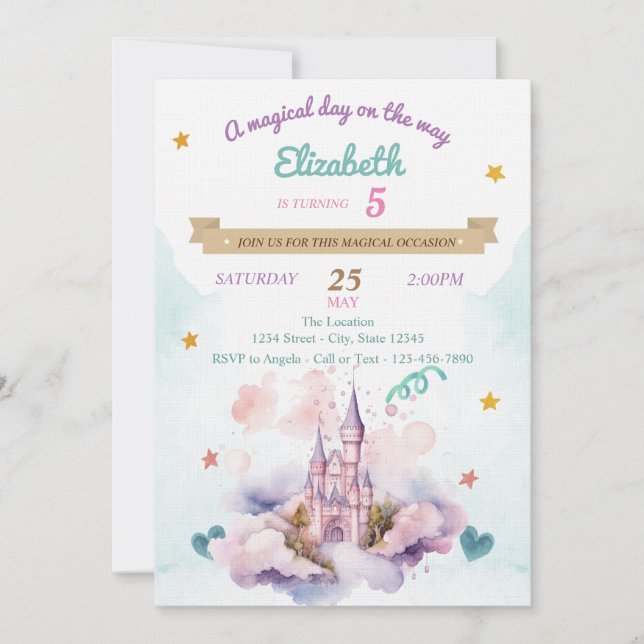 Invitation Château Aquarelle Nuages Étoiles Anniversaire   (Devant)