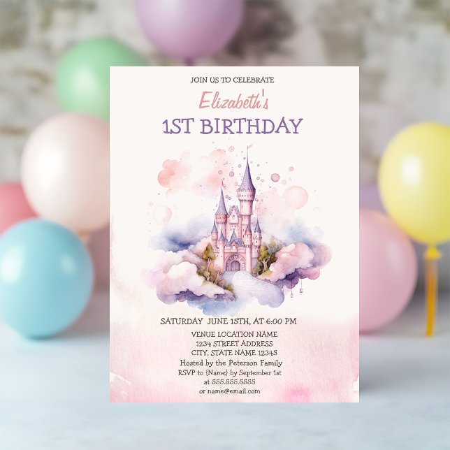 Invitation Château Aquarelle Nuages Fée Anniversaire  (Créateur téléchargé)