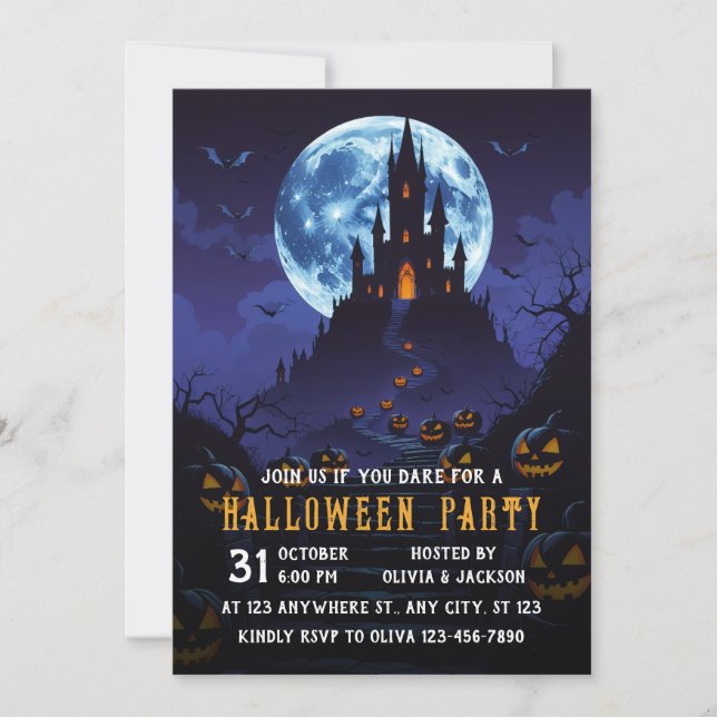 Invitation Château Avec Lune, Halloween Citrouille (Devant)