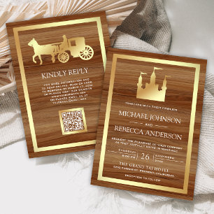 Invitation Château Carrosse de Conte de Fées en Or Code QR Ma