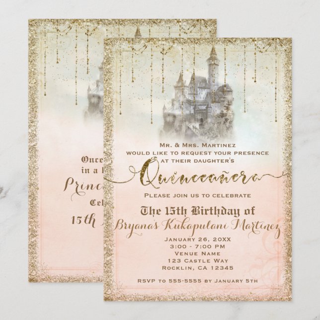 Invitation Château de conte de fée pailleté or 15 Quinceañera (Devant / Derrière)
