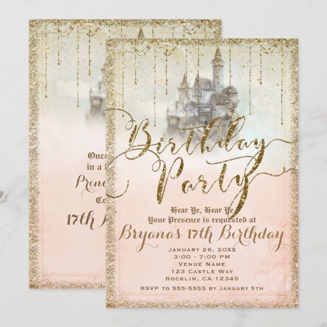 Invitation Château de conte de fées à paillettes dorées pour  (Devant / Derrière)