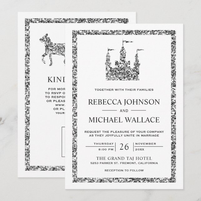 Invitation Château de conte de fées argenté Carrosse Code QR  (Devant / Derrière)