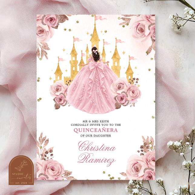 Invitation Château de conte de fées de princesse en or rose Q (Créateur téléchargé)