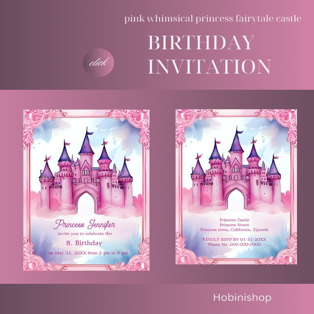 Invitation château de conte de fées de princesse rose (pink whimsical princess fairytale castle birthday invitation)