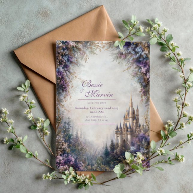 Invitation Château de Conte de Fées Fleurs Violettes Mariage  (Créateur téléchargé)