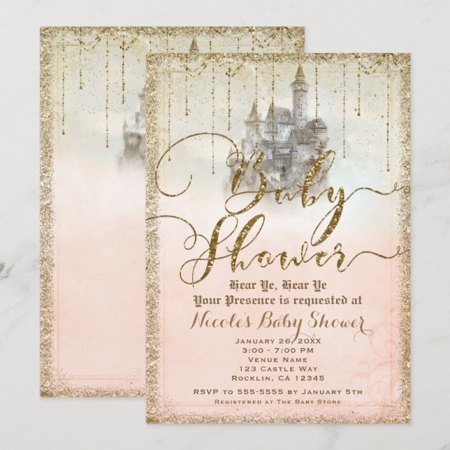 Invitation Château de conte de fées pailleté or Baby Shower (Devant / Derrière)