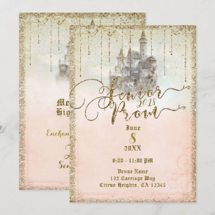 Invitation Château de conte de fées pailleté or Bal de fin d'