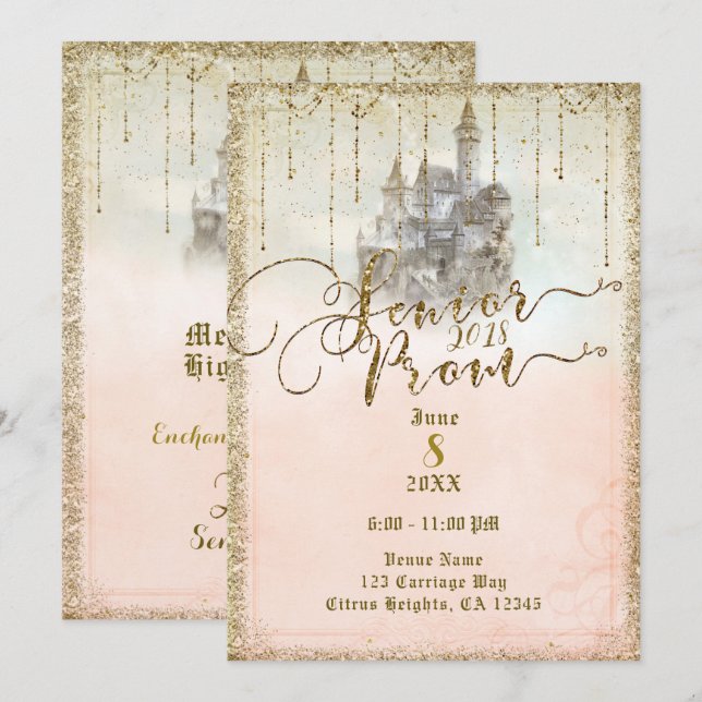 Invitation Château de conte de fées pailleté or Bal de promo  (Devant / Derrière)