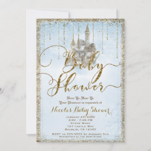 Invitation Château de conte de fées pailleté or Fête de bébé 