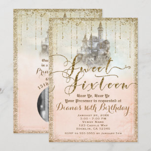 Invitation Château de conte de fées pailleté or fête photo Sw