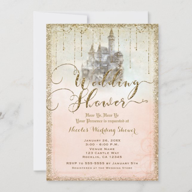 Invitation Château de conte de fées pailleté or mariage douch (Devant)