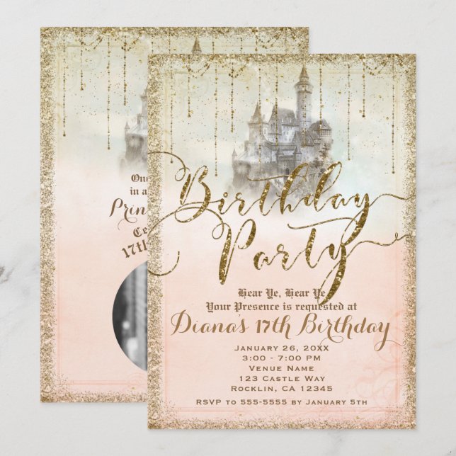 Invitation Château de conte de fées pailleté or pour fête d'a (Devant / Derrière)