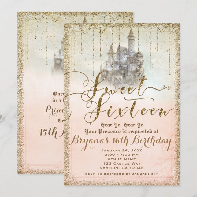 Invitation Château de conte de fées pailleté or Sweet 16 (Devant / Derrière)