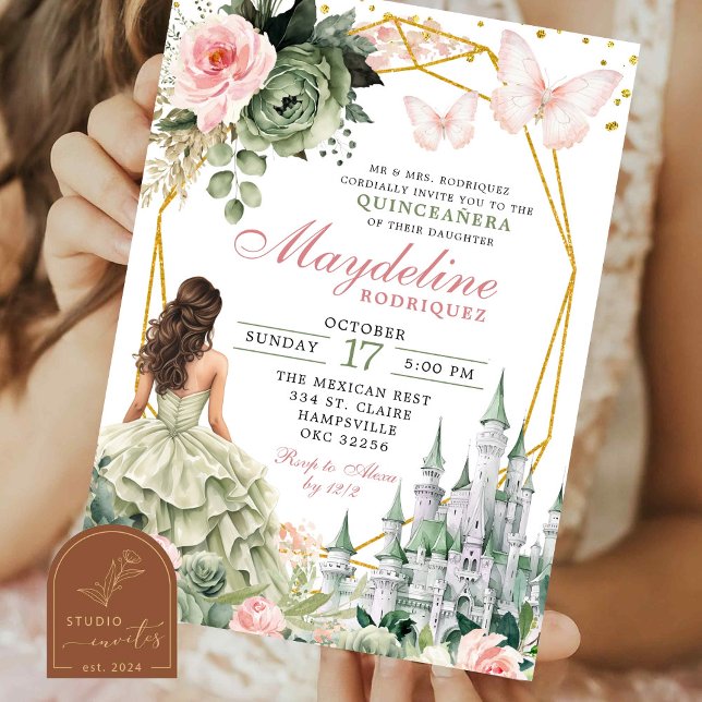 Invitation Château de conte de fées Sage Vert et floral rose  (Créateur téléchargé)