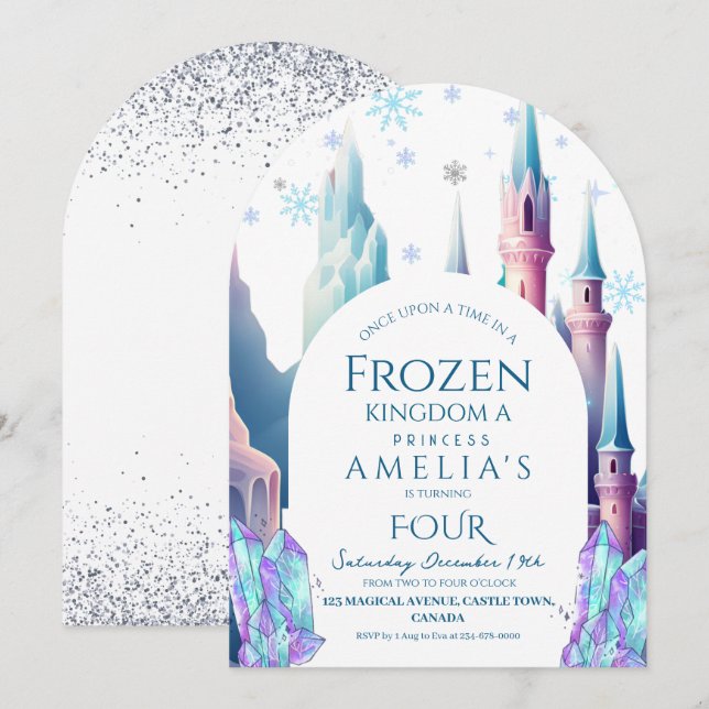 Invitation Château de dessin animé pour 4e anniversaire Froze (Devant / Derrière)