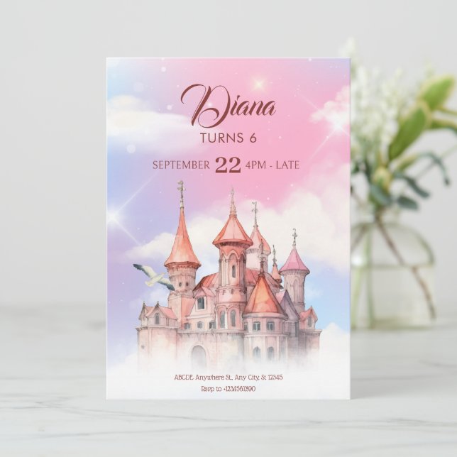 Invitation château de fantaisie anniversaire conte de fées (Debout devant)