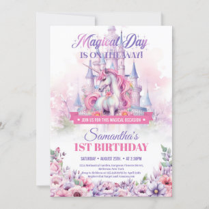 Invitation Château de Licorne et de Fée Rose Pastel pour 1er 