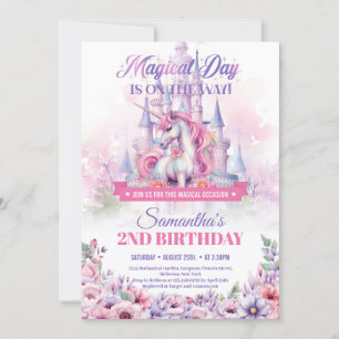 Invitation Château de Licorne et de Fée Rose Pastel pour un 2
