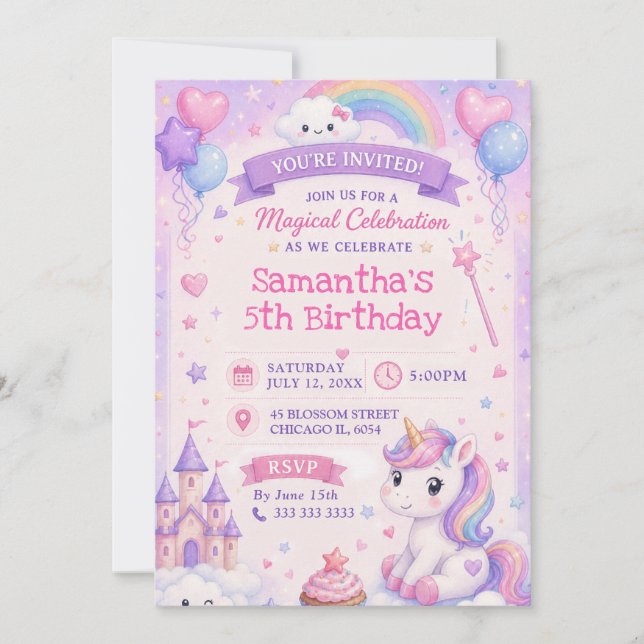 Invitation Château de licorne mignon Anniversaire magique (Devant)