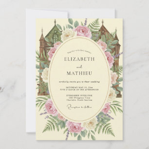 Invitation Château de mariage Crème Rosée Eucalyptus
