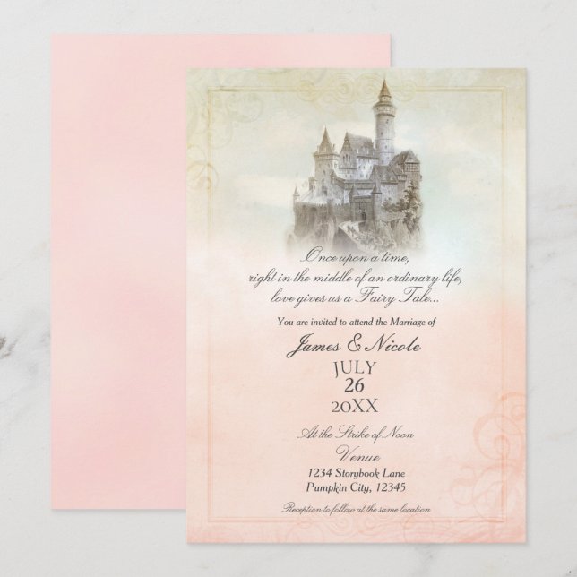 Invitation Château de Mariage de Conte de Fées Rose Rêveur po (Devant / Derrière)