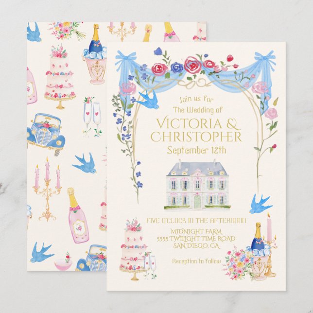 Invitation Château de mariage fantaisiste Manoir (Devant / Derrière)