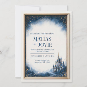 Invitation Château de nuit bleu Cadre étoile d'or Mariage