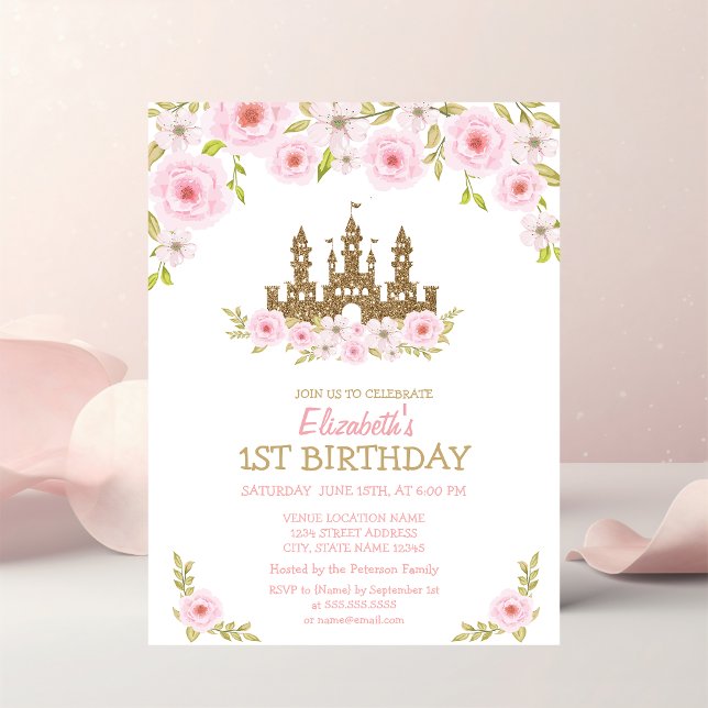Invitation Château de Princesse, Fleurs, Anniversaire Rayé (Créateur téléchargé)