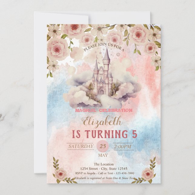 Invitation Château de Princesse Fleurs Aquarelle Splash Anniv (Devant)