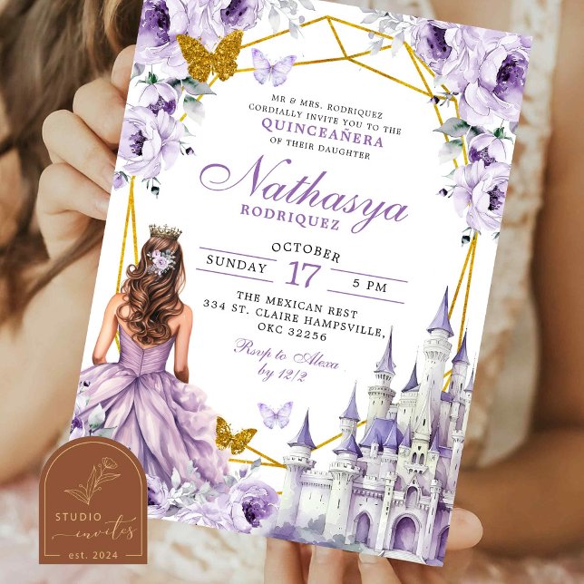Invitation Château de Princesse Mexicaine Violet Or de Conte  (Créateur téléchargé)