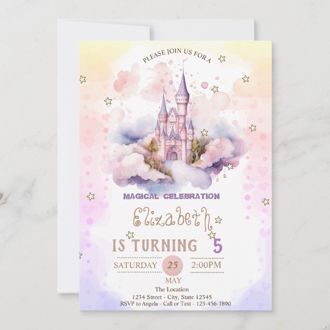 Invitation Château de princesse nuages,étoiles pastel Anniver (Devant)