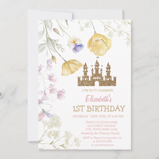 Invitation Château de Princesse Paillettes Dorées Anniversair (Devant)