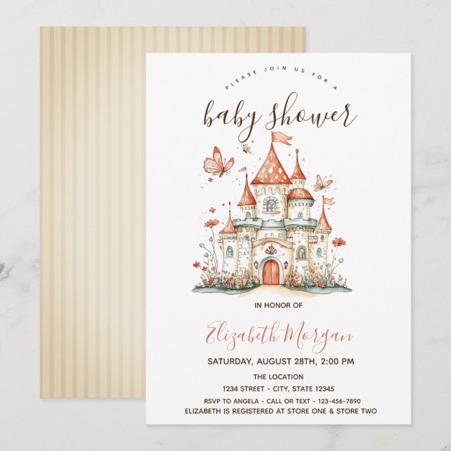Invitation Château de princesse Papillons Rayures Baby Shower (Devant / Derrière)