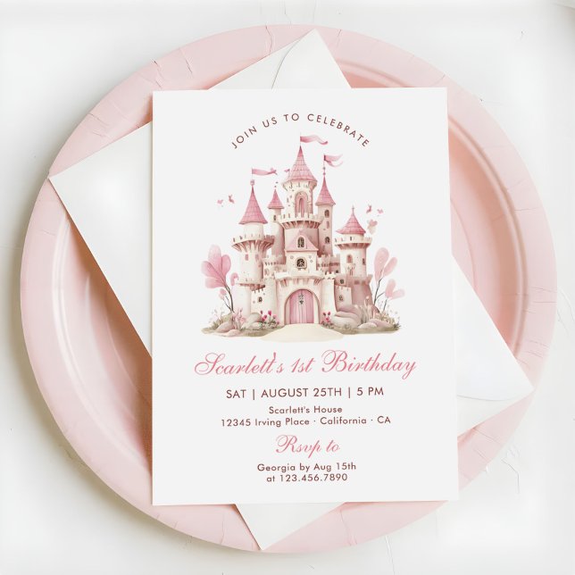 Invitation Château de Princesse Rose Fleurie Fête d'anniversa (Créateur téléchargé)