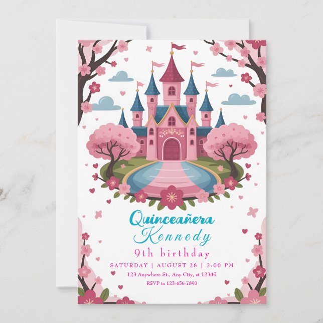 Invitation Château de princesse rose pour l'anniversaire des  (Devant)