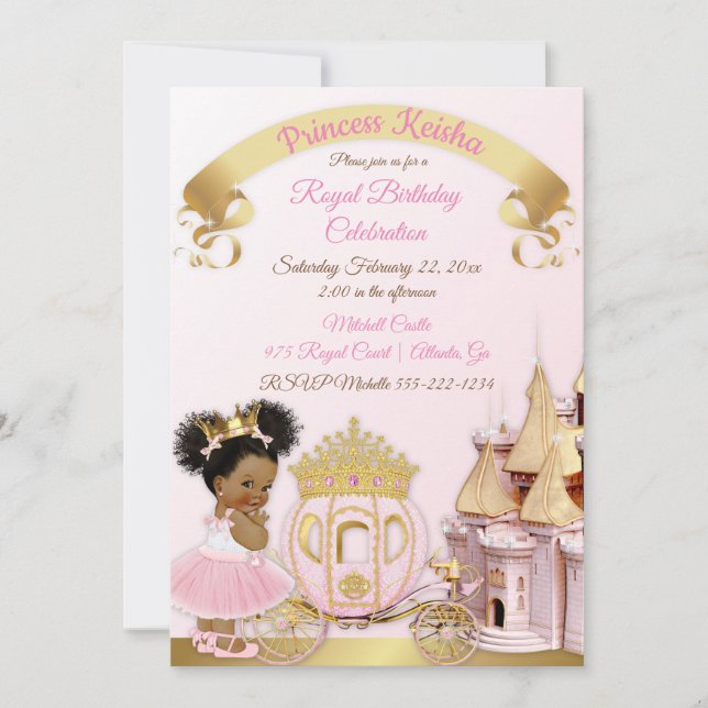 Invitation Château de Princesse Royale Carrosse Rose Or Fille (Devant)