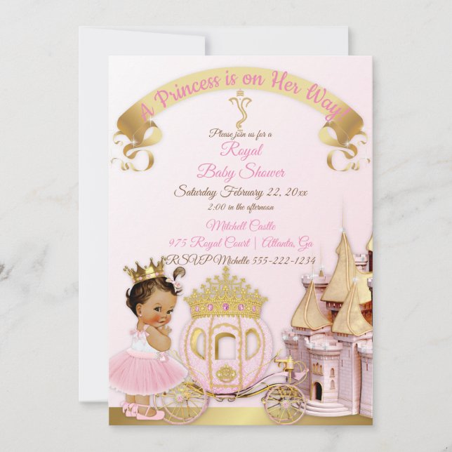 Invitation Château de Princesse Royale Carrosse Rose Or Fille (Devant)