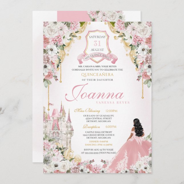 Invitation Château de Quinceanera, Princesse Royale Rose (Devant / Derrière)