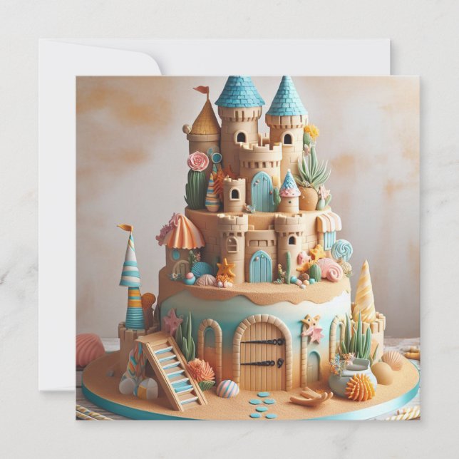 INVITATION CHÂTEAU DE SABLE THÈME CAKE ANNIVERSAIRE DE ENFANT (Devant)