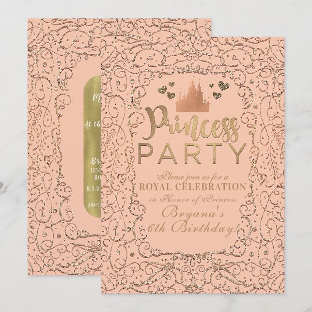 Invitation Château Doré Rouge Pêche FÊTE DE PRINCESSE Anniver (Devant / Derrière)