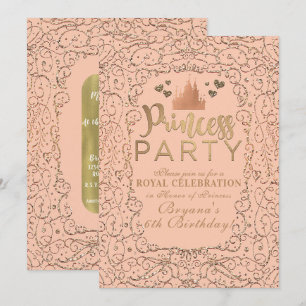Invitation Château Doré Rouge Pêche FÊTE DE PRINCESSE Anniver