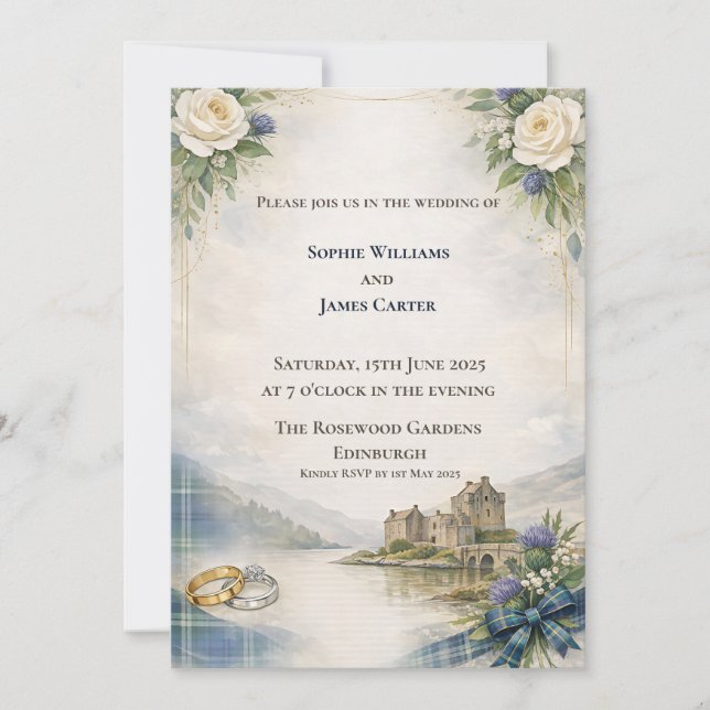 Invitation Château du chardon à la rose écossaise Mariage aqu (Devant)