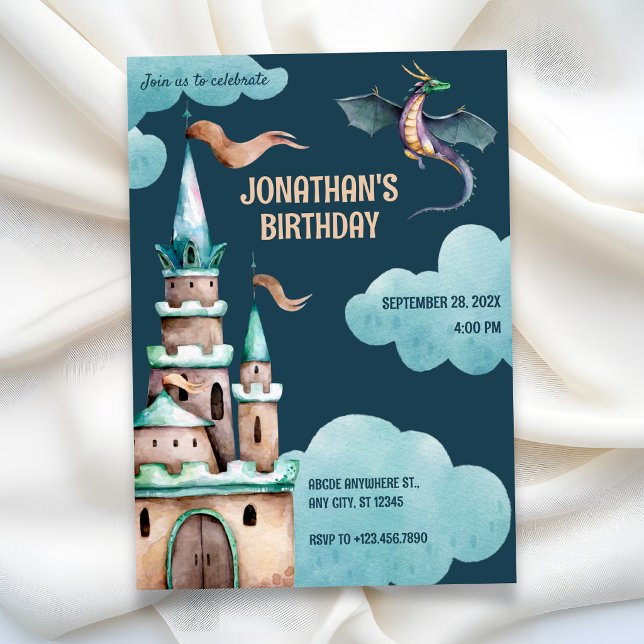 Invitation château du dragon vert anniversaire (Créateur téléchargé)