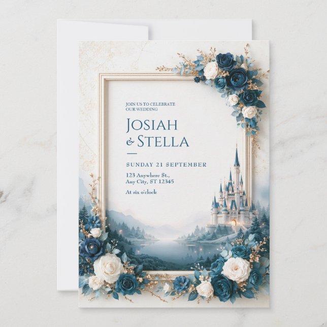 Invitation Château du lac Rose Saphir Cadre Mariage (Devant)
